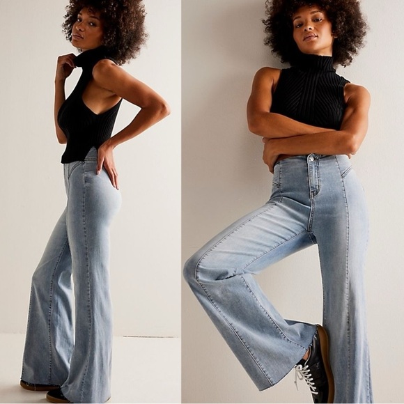 Free People CRVY Wild Honey Flare Jeans Size 31 12 NWT Stretch Denim Retro 70s - Picture 1 of 16